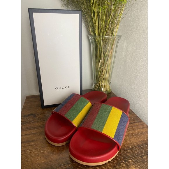 Gucci Men\'s Baiadera Stripe Slide Sandal In Red Gucci | Shoes | Brand New Gucci Mens Red Multi Baiadera  main image 3